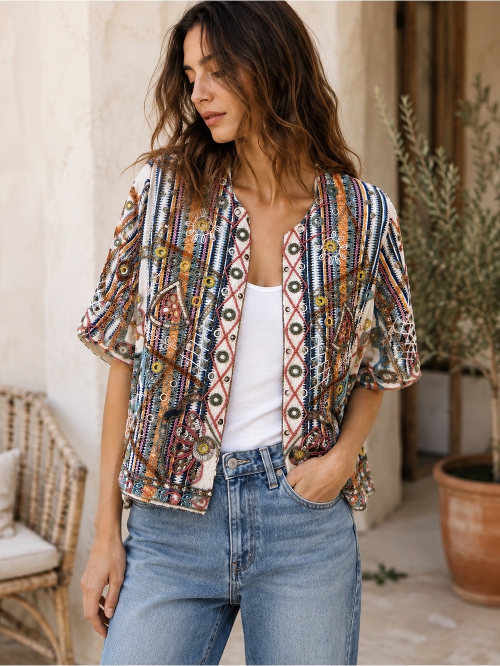 Indigo Moon Beaded Embellished Open Jacket Sz M Colorful Bohemian Ivory